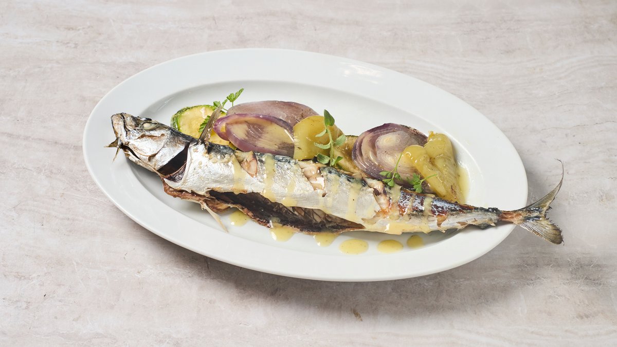 Whole grilled mackerel with roasted vegetables and lemon sauce at Cookaki Athens